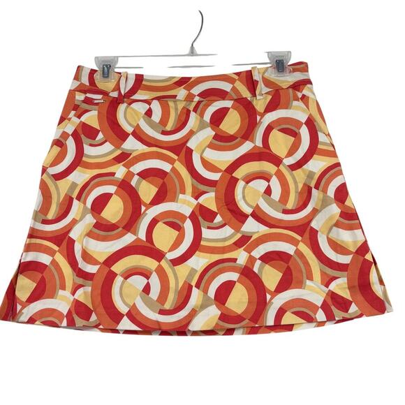 LizGolf Skort Size 10 Orange Yellow White Geo Print Pocket Side Zip Golf Stretch - Picture 1 of 10